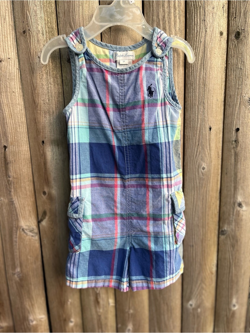 Ralph Lauren Pastel Plaid Cotton Romper with Navy Pony